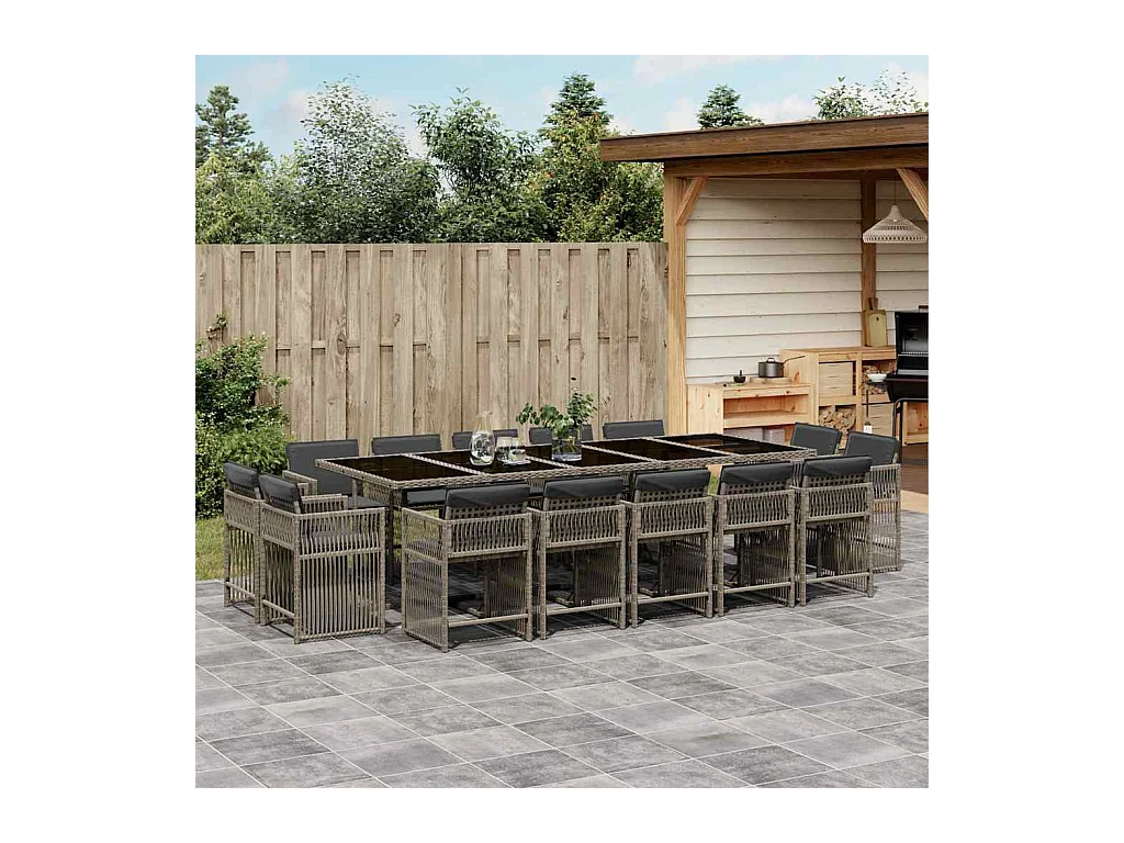 15-tlg. Garten-Essgruppe mit Kissen Grau Poly Rattan