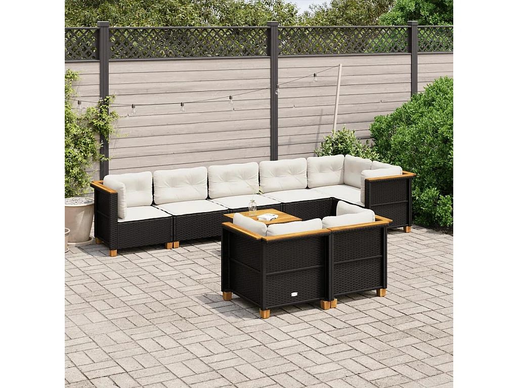 Set Divani da Giardino 9 pz con Cuscini Nero in Polyrattan