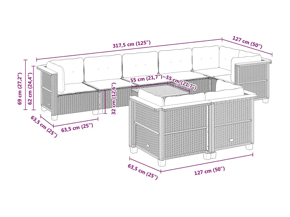 Set Divani da Giardino 9 pz con Cuscini Nero in Polyrattan