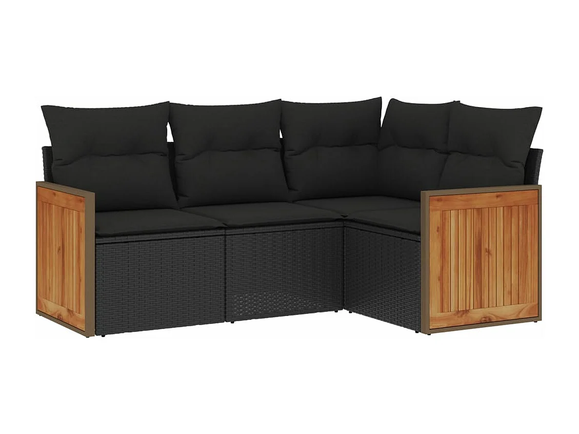 4-delige Loungeset met kussens poly rattan zwart