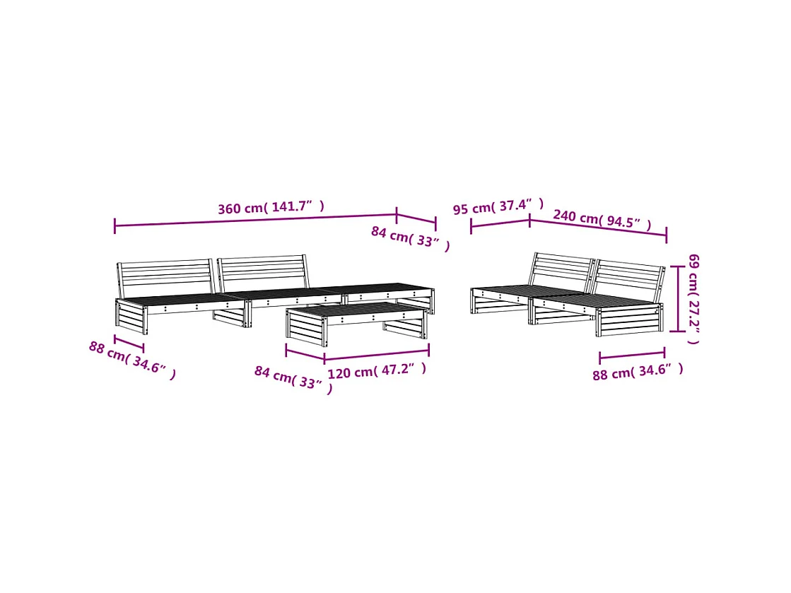 Salon de jardin 6 pcs Noir Bois de pin massif