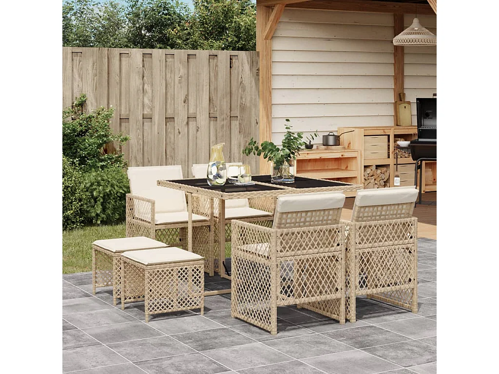 9-delige Tuinset met kussens poly rattan beige