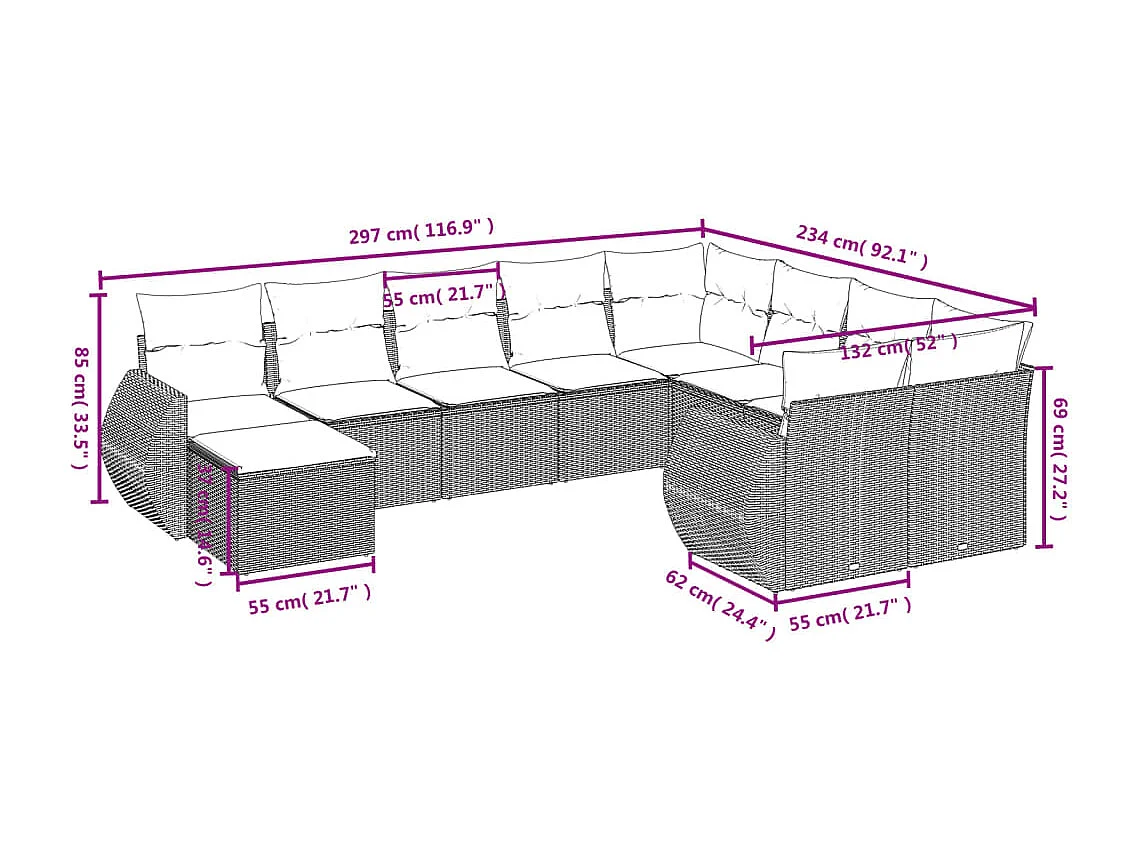 10-delige Loungeset met kussens poly rattan beige