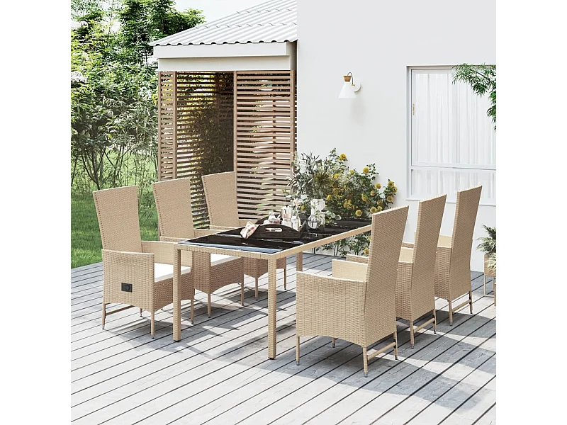 7-tlg. Garten-Essgruppe mit Kissen Beige Poly Rattan