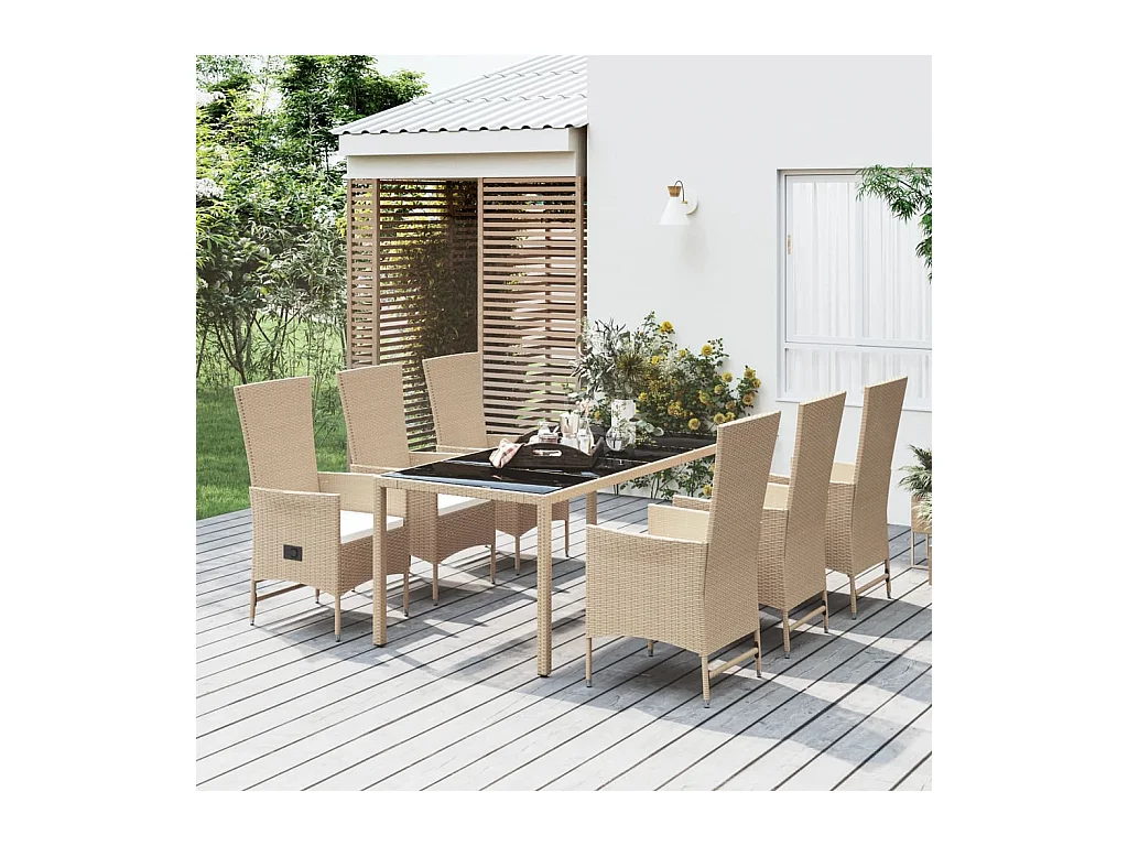 Ensemble à manger de jardin et coussins 7 pcs beige poly rotin