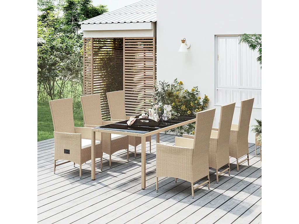 Ensemble à manger de jardin et coussins 7 pcs beige poly rotin