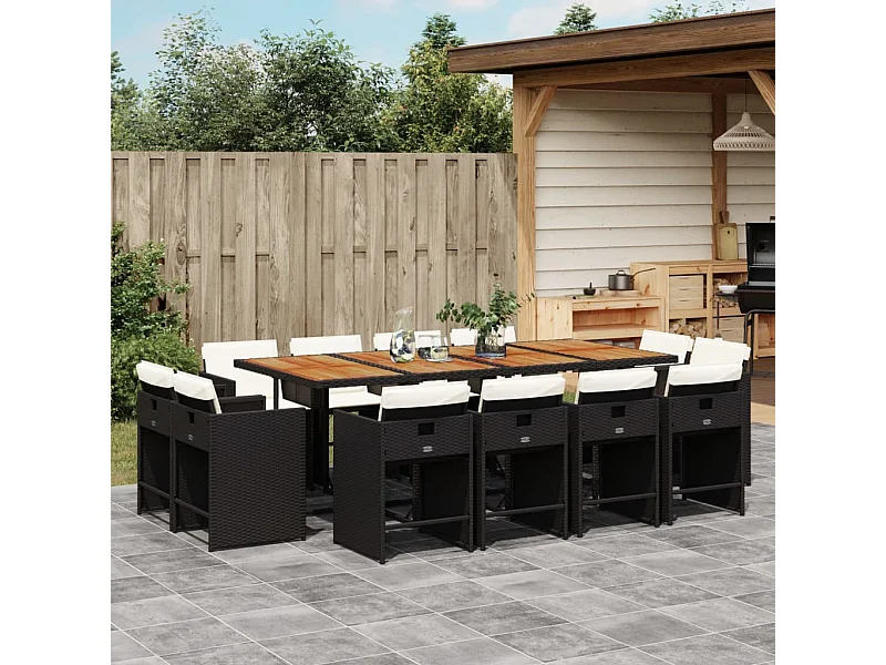 13 pcs conjunto de jantar p/jardim com almofadões vime PE preto