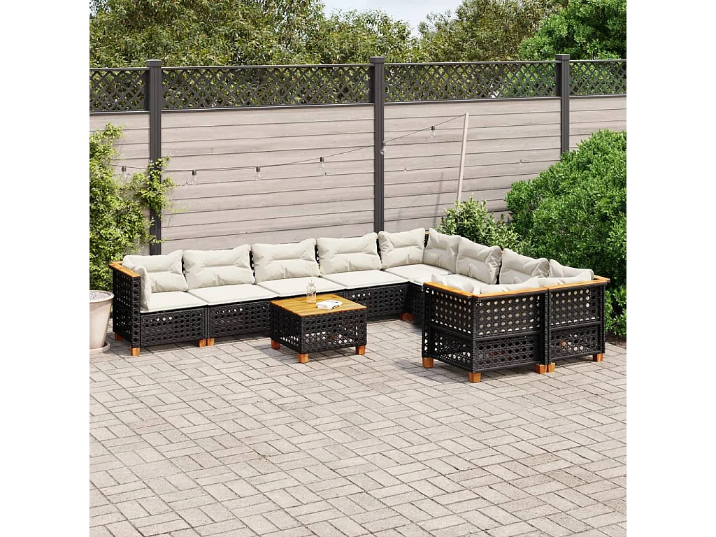 Salon de jardin 10 pcs avec coussins noir résine tressée