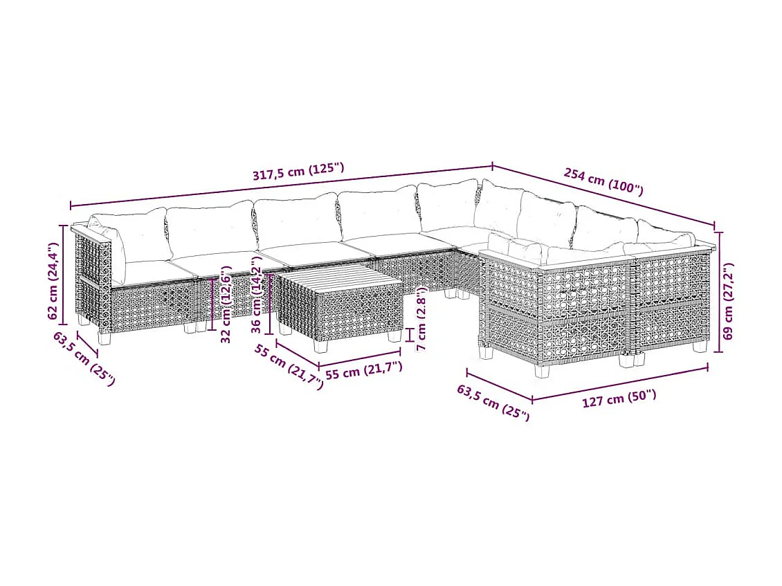 Salon de jardin 10 pcs avec coussins noir résine tressée