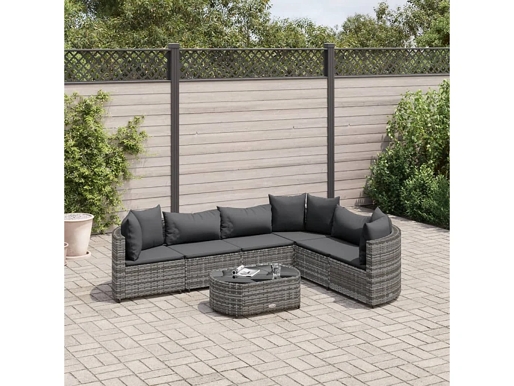 Salon de jardin avec coussins 7 pcs gris résine tressée