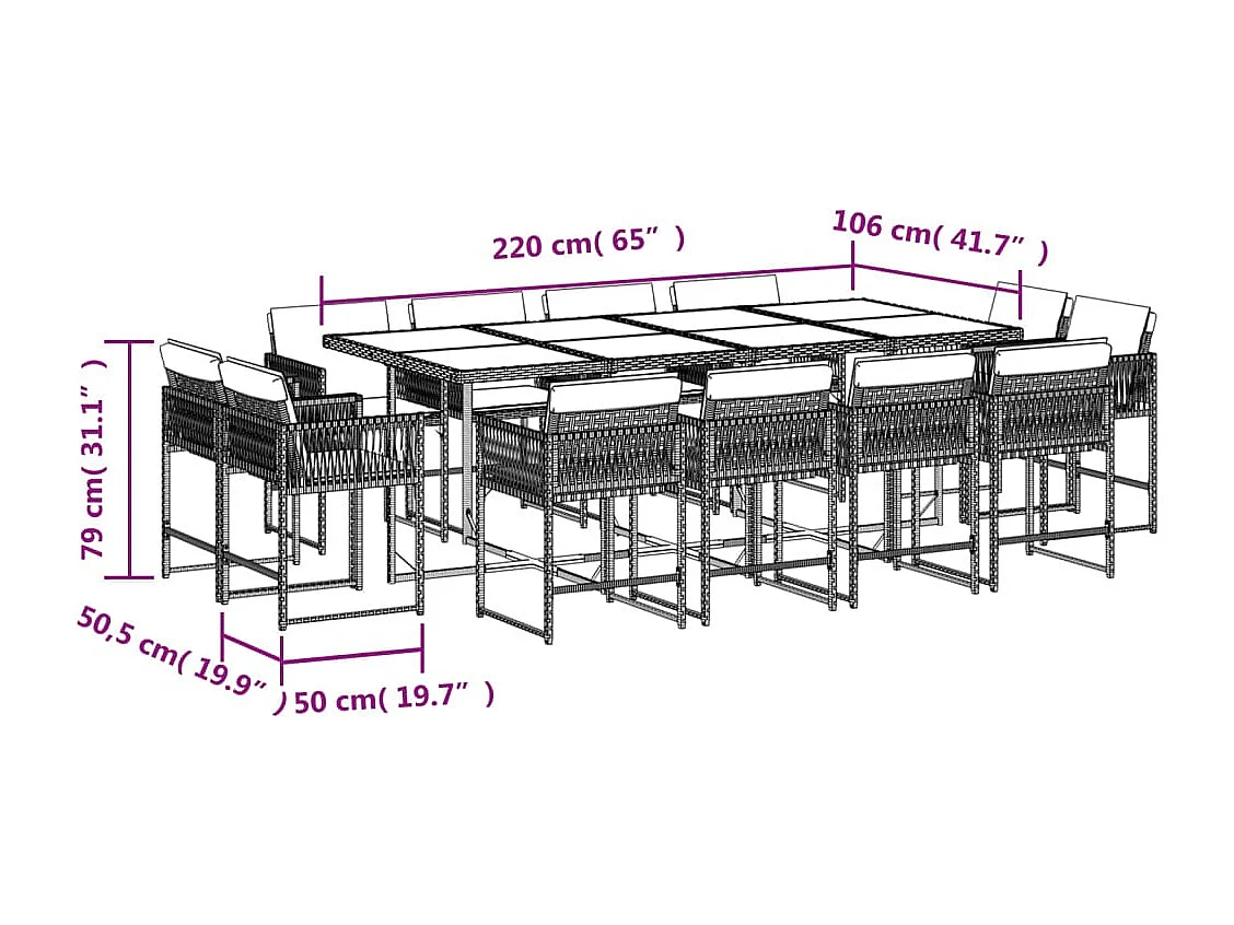 Set da Pranzo da Giardino 13 pz con Cuscini Beige in Polyrattan