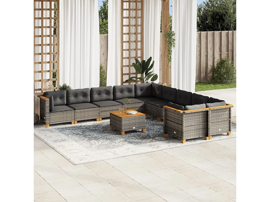 Set Divani da Giardino 11 pz con Cuscini in Polyrattan Grigio
