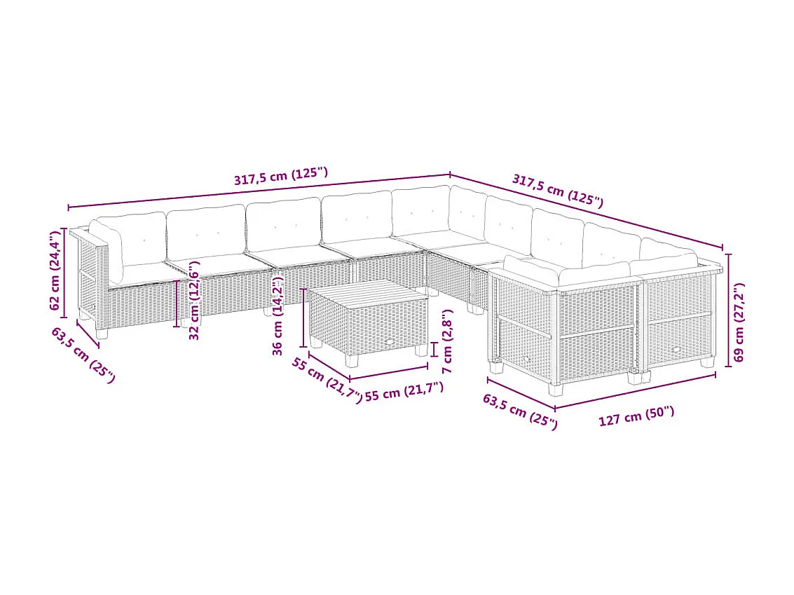 Set Divani da Giardino 11 pz con Cuscini in Polyrattan Grigio