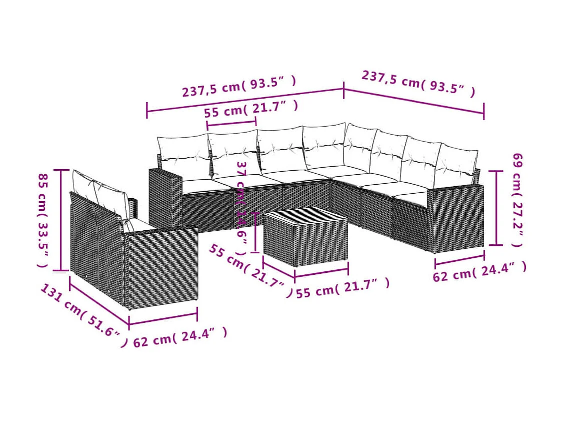 10 pcs conjunto sofás de jardim c/ almofadões vime PE preto