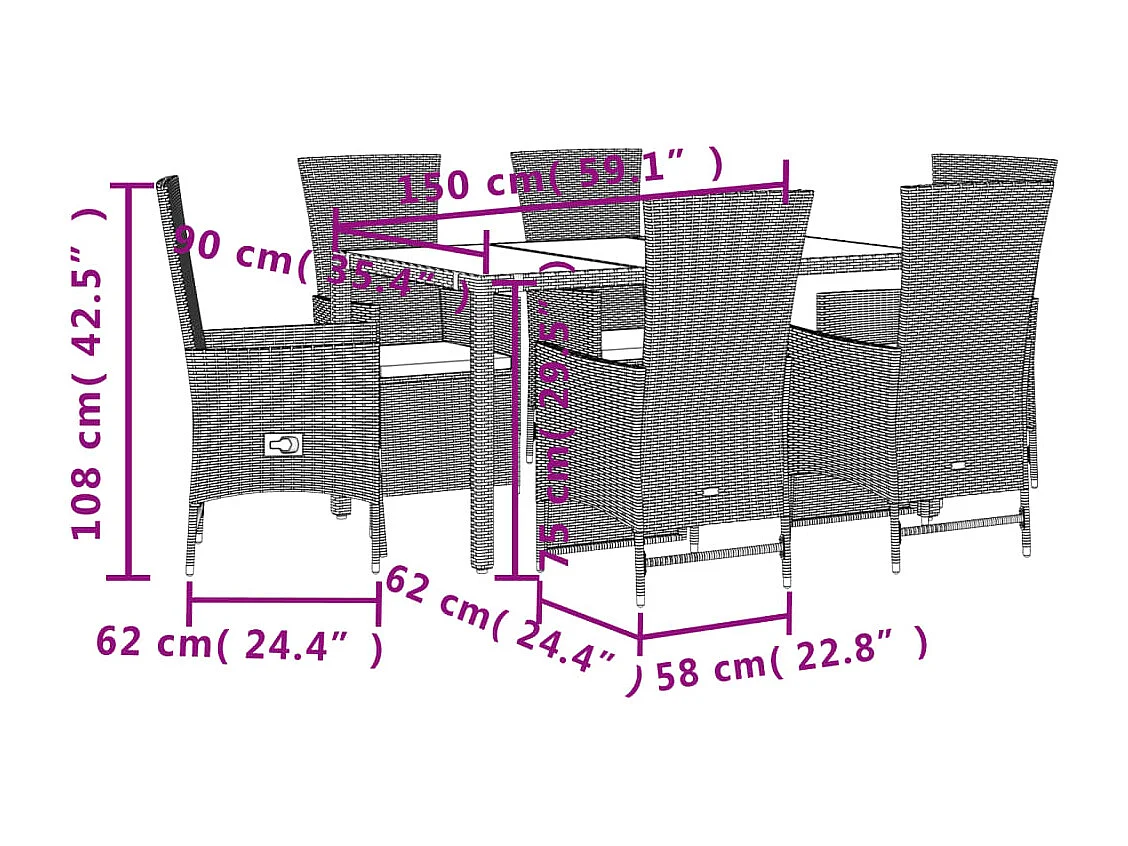 Set da Pranzo da Giardino 7 pz con Cuscini Beige in Polyrattan
