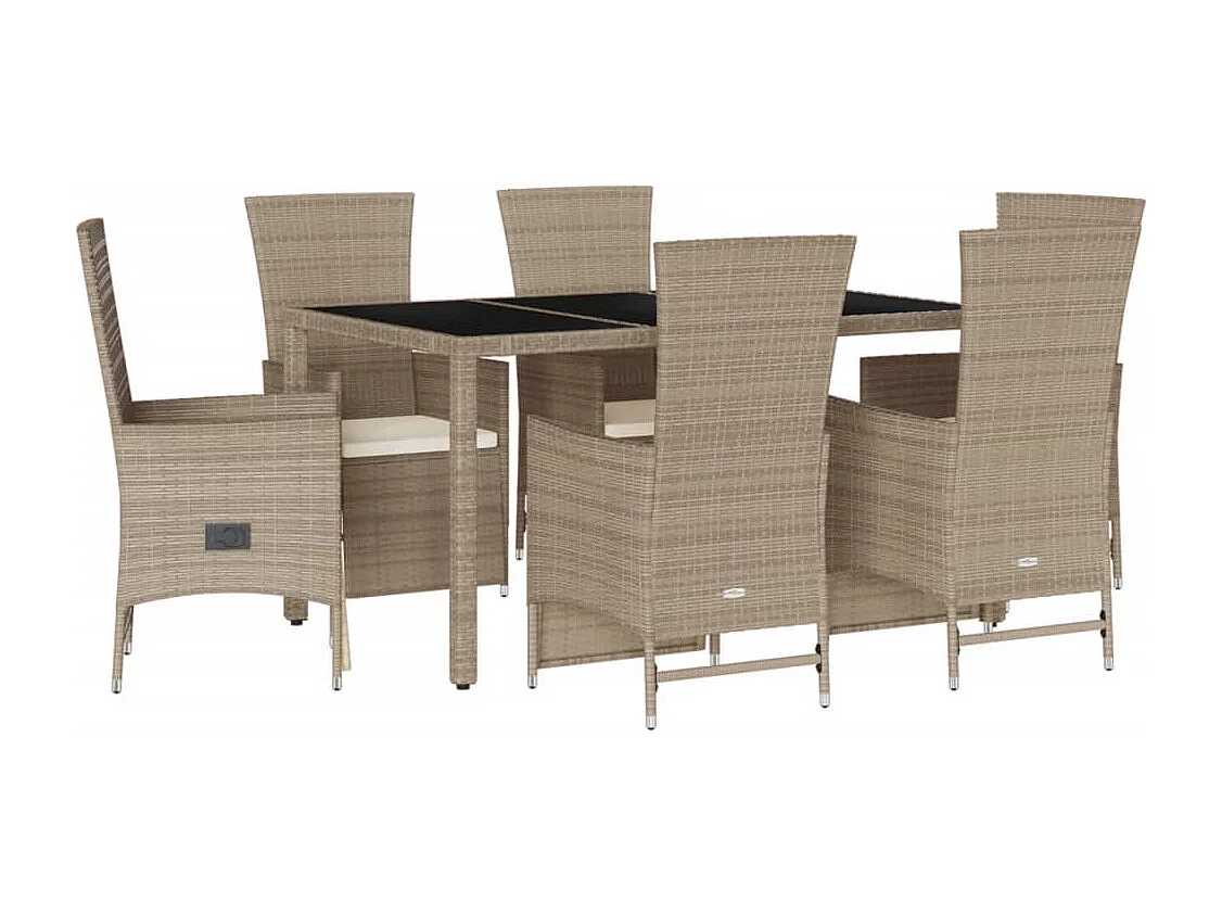 Set da Pranzo da Giardino 7 pz con Cuscini Beige in Polyrattan