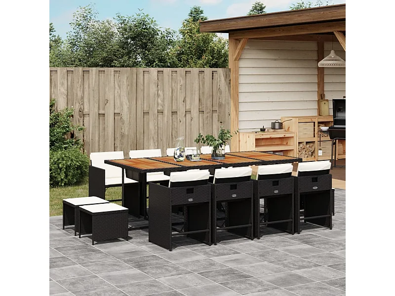 13 pcs conjunto de jantar p/jardim com almofadões vime PE preto