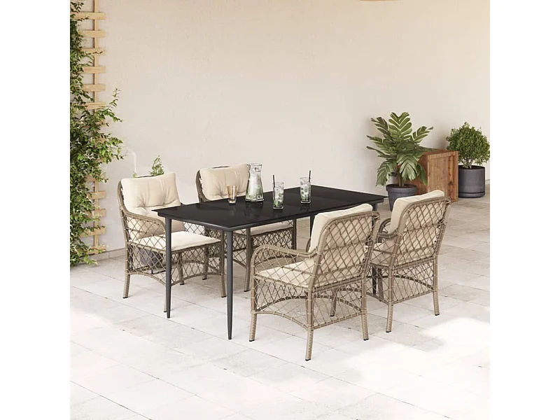 Set da Pranzo da Giardino 5 pz con Cuscini Beige in Polyrattan
