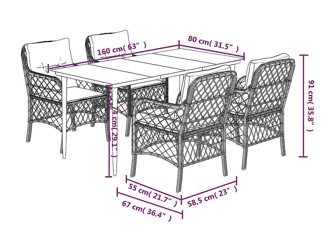 Ensemble à manger de jardin avec coussins 5pcs Beige poly rotin