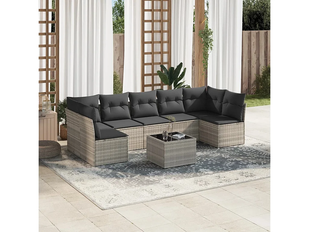 Salon de jardin 8 pcs avec coussins gris clair résine tressée