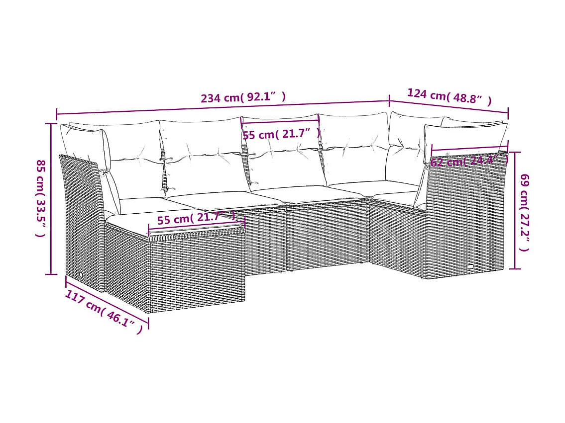 6 pcs conjunto de sofás jardim c/ almofadões vime PE castanho
