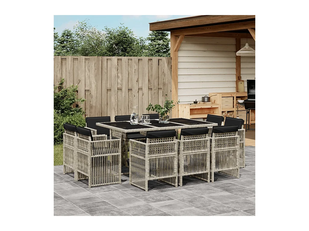Ensemble à manger de jardin 11pcs avec coussins gris poly rotin