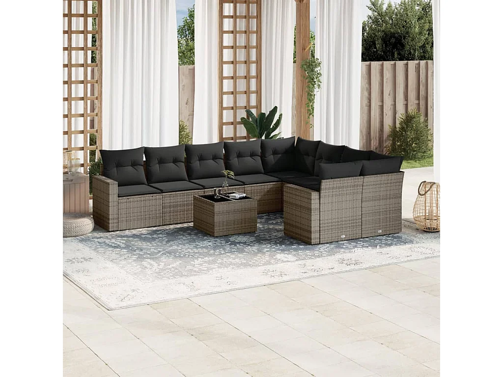 10-delige Loungeset met kussens poly rattan grijs