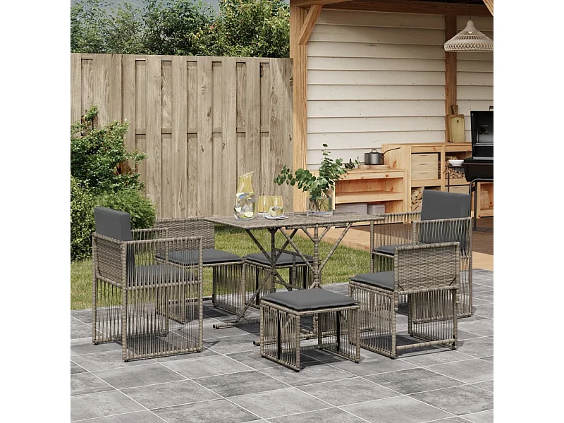 Ensemble à manger de jardin et coussins 7 pcs gris rotin
