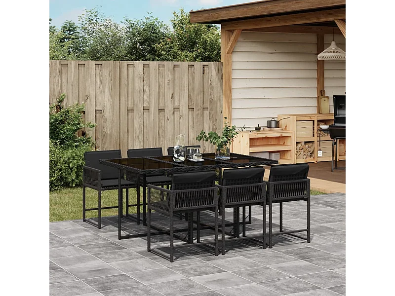 7-tlg. Garten-Essgruppe mit Kissen Schwarz Poly Rattan