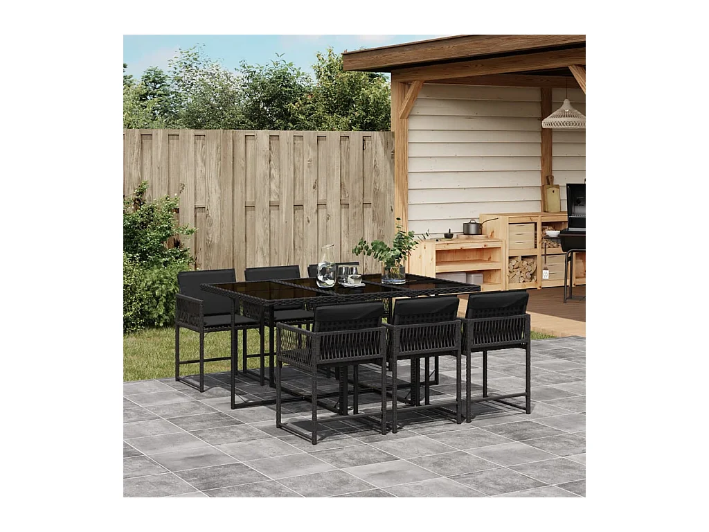 7-tlg. Garten-Essgruppe mit Kissen Schwarz Poly Rattan