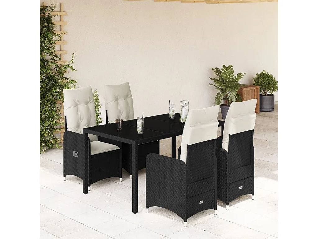 Ensemble de bistro de jardin 5 pcs coussins noir poly rotin