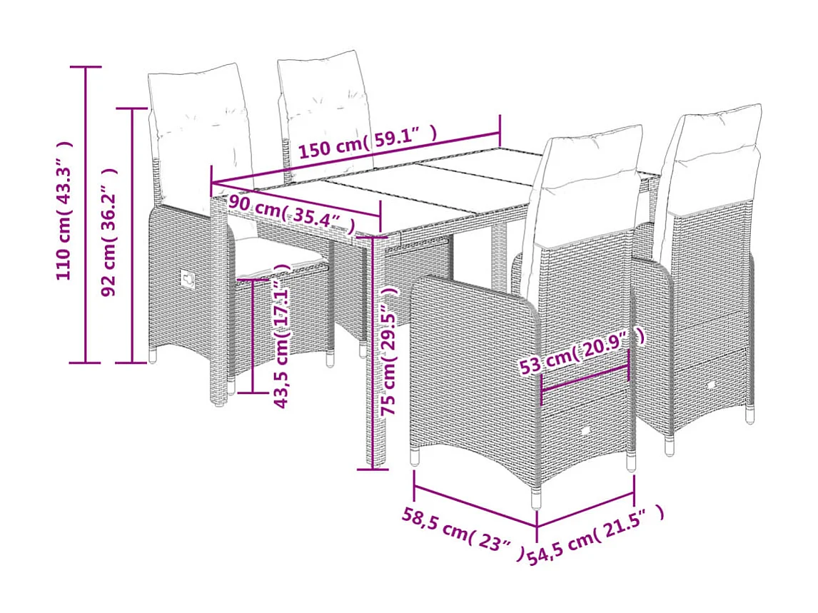 Ensemble de bistro de jardin 5 pcs coussins noir poly rotin