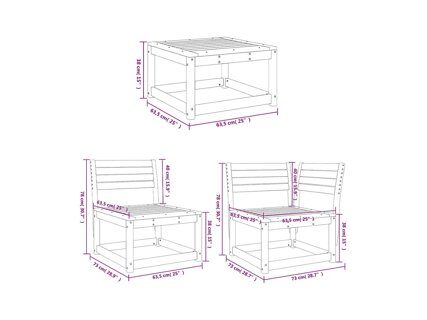 4-delige Loungeset massief grenenhout wit