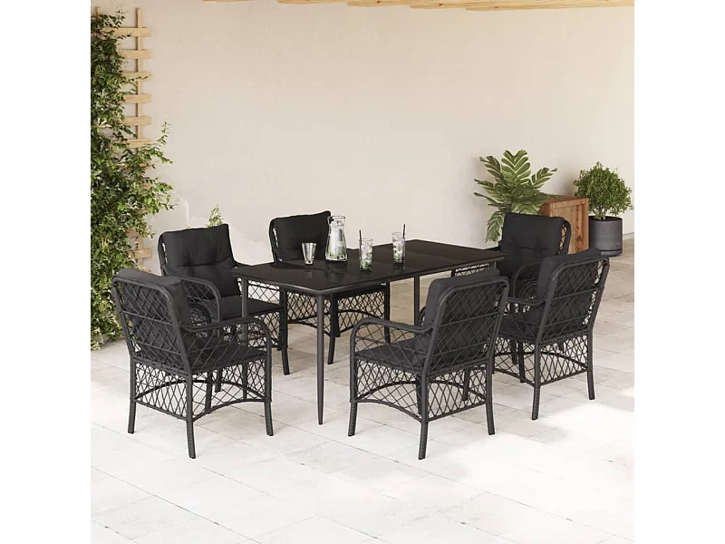 7-tlg. Garten-Essgruppe mit Kissen Schwarz Poly Rattan