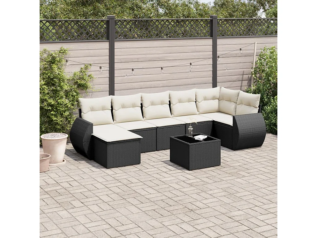 Salon de jardin 7 pcs avec coussins noir résine tressée