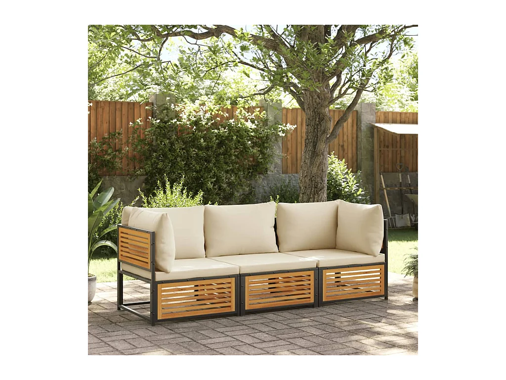 Salon de jardin avec coussins 3 pcs bois massif d'acacia