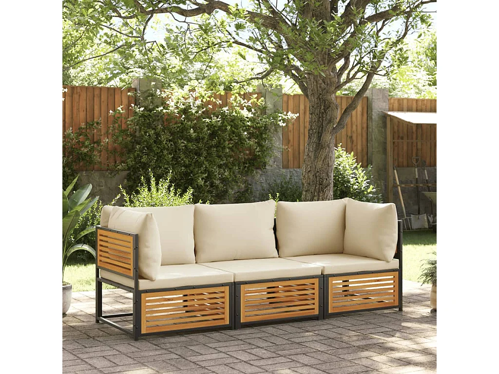 3 pcs conjunto de sofás de jardim com almofadões acácia maciça