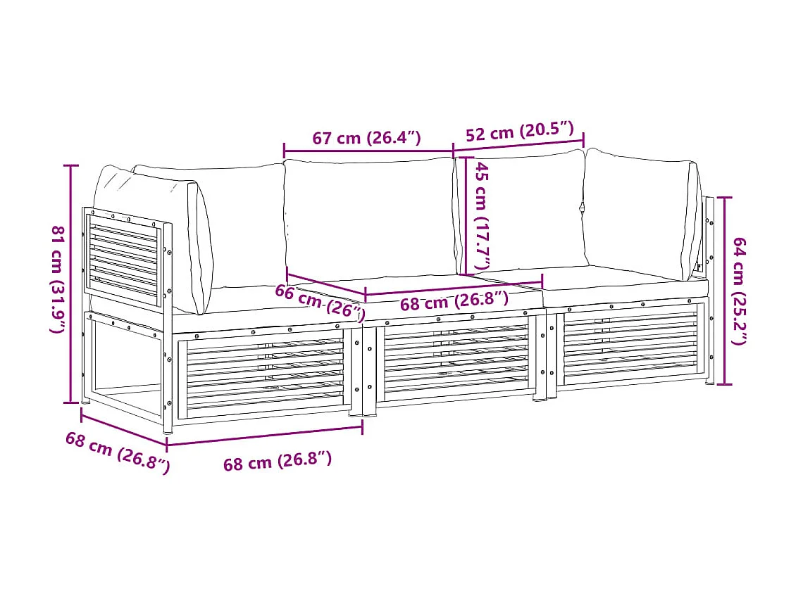 3 pcs conjunto de sofás de jardim com almofadões acácia maciça