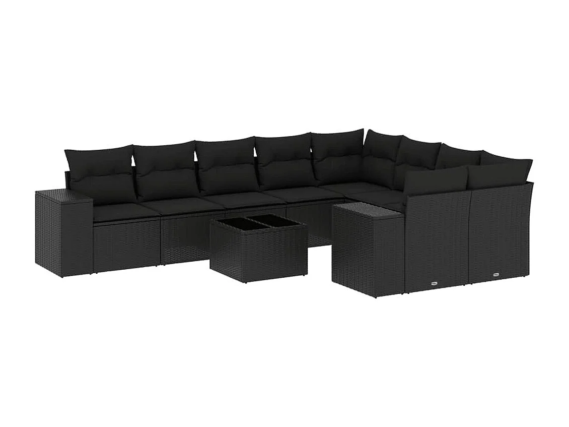 10-delige Loungeset met kussens poly rattan zwart