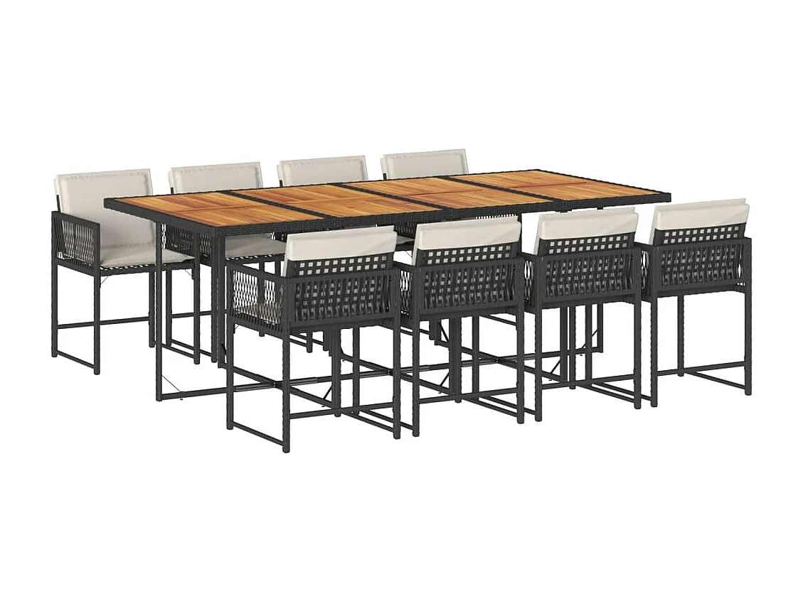Set da Pranzo da Giardino 9 pz con Cuscini Nero in Polyrattan