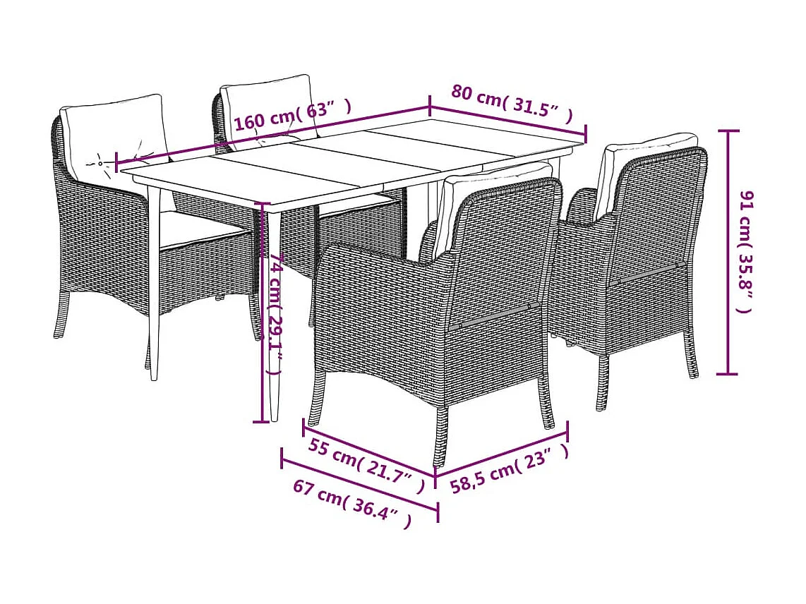 Ensemble à manger de jardin coussins 5pcs Noir Résine tressée