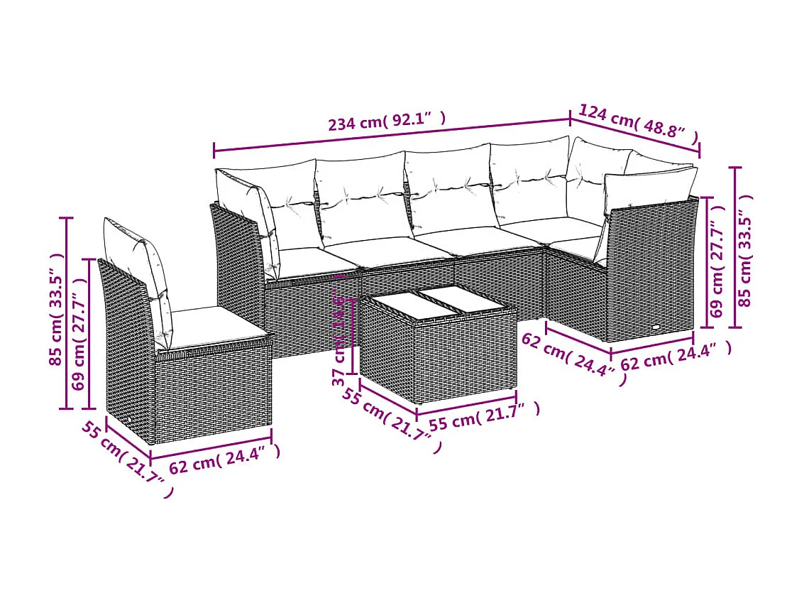 Set de sofás de jardín 7 pzas con cojines ratán PE gris claro