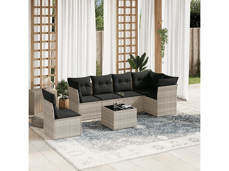 Salon de jardin avec coussins 7 pcs gris clair résine tressée