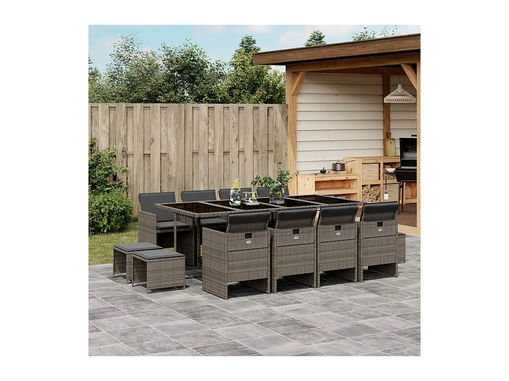 Ensemble à manger de jardin coussins 13 pcs gris résine tressée