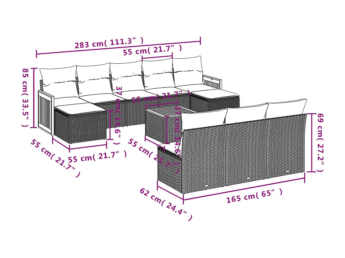 Salon de jardin 11 pcs avec coussins beige résine tressée