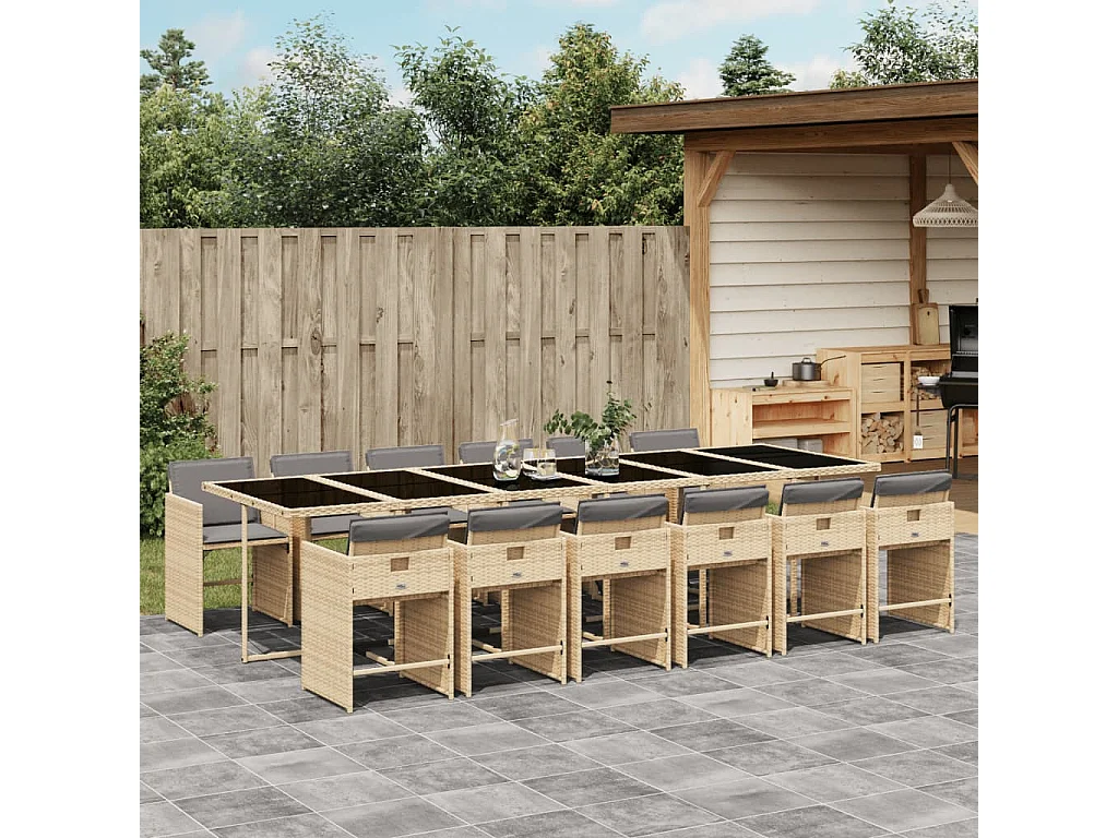 Ensemble à manger de jardin coussins 13 pcs mélange beige rotin