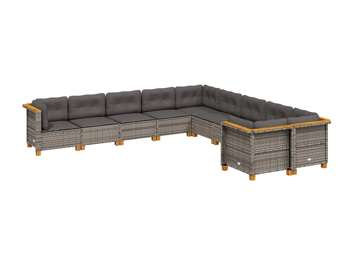 Salon de jardin avec coussins 10 pcs gris résine tressée