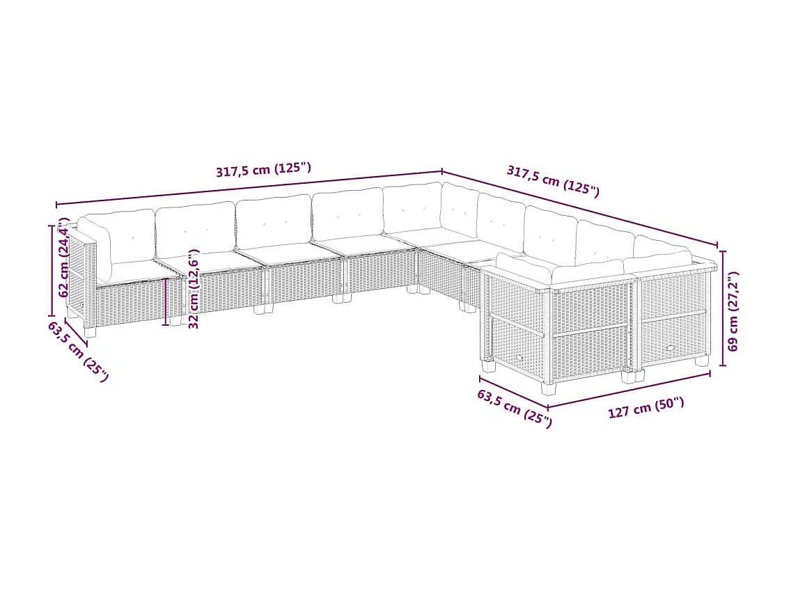 Salon de jardin avec coussins 10 pcs gris résine tressée