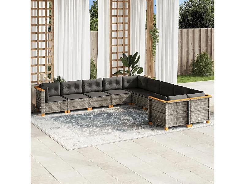 Salon de jardin avec coussins 10 pcs gris résine tressée