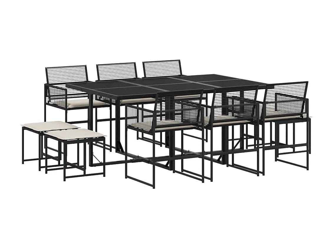 11 pcs conjunto de jantar p/ jardim c/ almofadões vime PE preto